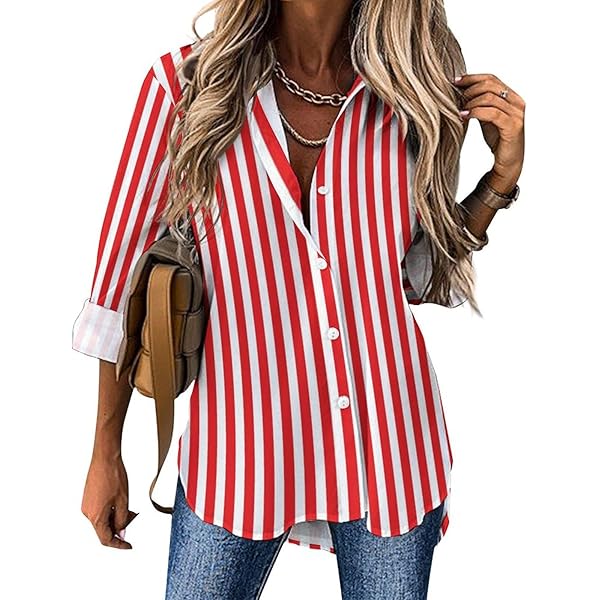 Long Sleeve Button Down Shirts for Women, Red and White